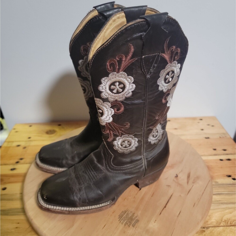 Genuine Leather Linda Square Toe Embroidered Chocolate Boots Handcrafted Women 7
